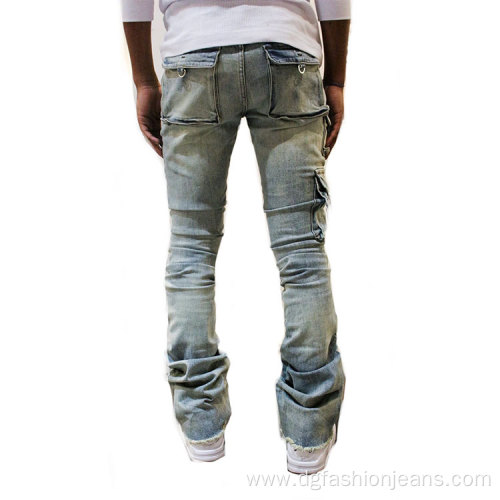 Custom Acid Wash Distressed Flare Stacked Jeans Pants